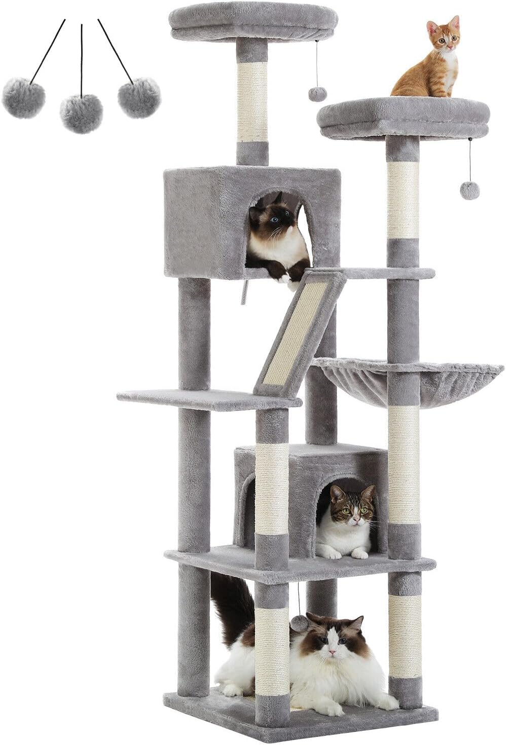 PAWZ Road 180cm Large Cat Tree for Indoor Cats, Multi-Level Cat Tower Cat Scratching Post with 2 Perches, 2 Condos, Hammock and 2 Pompoms Grey2