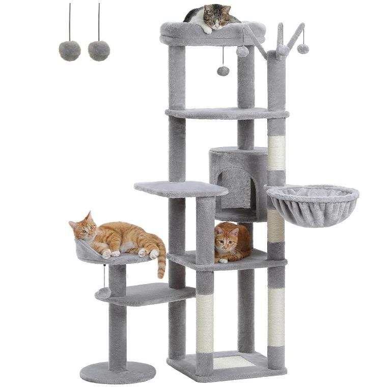 59" Cat Tree, Cat Tower for Large Cats, Multi-Level Cat Tower with 3 Removable Pompom Sticks, Cat Tree for Indoor Cats, Cat Condo with Large Hammock, Scratching Post, and 2 Perches, Beige1