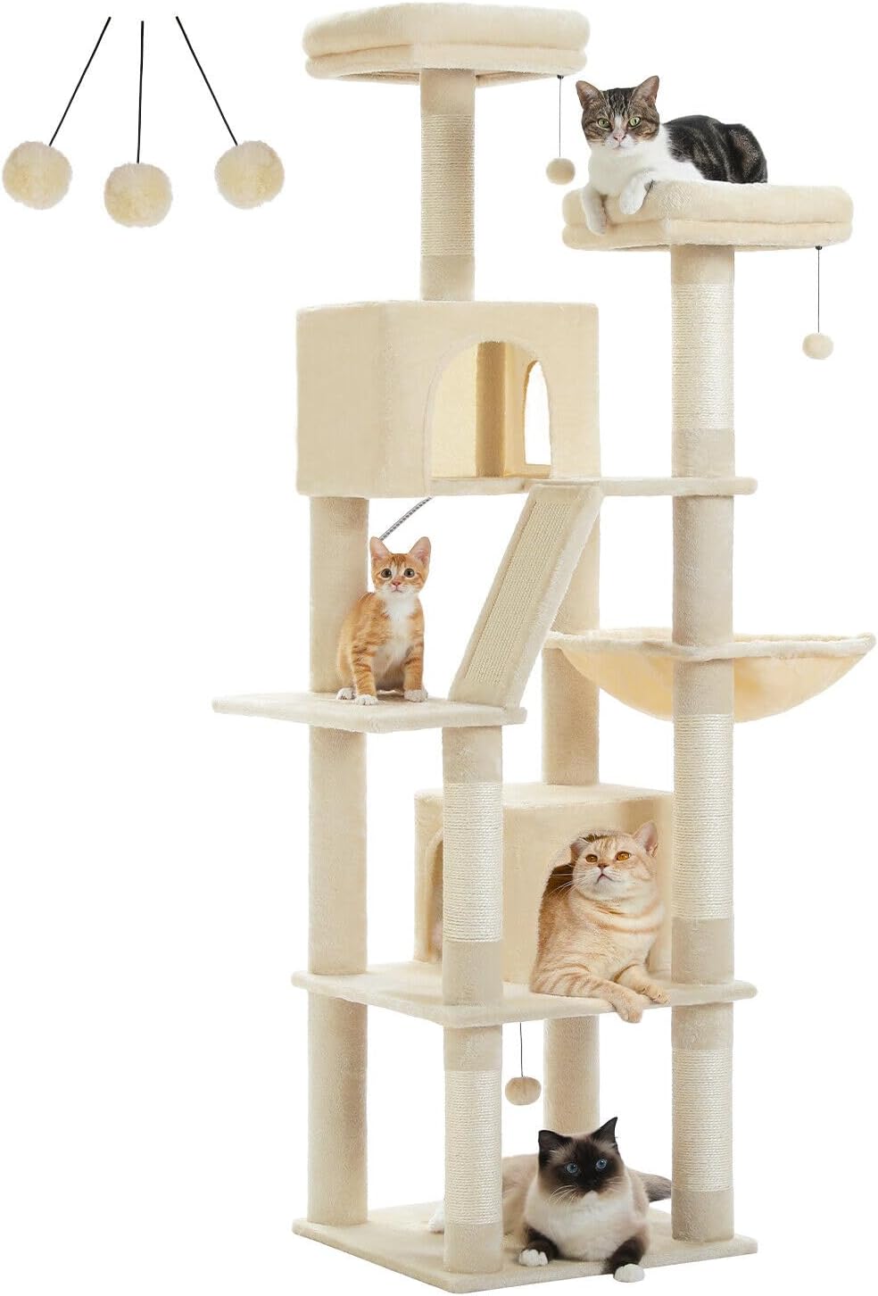 PAWZ Road 180cm Large Cat Tree for Indoor Cats, Multi-Level Cat Tower Cat Scratching Post with 2 Perches, 2 Condos, Hammock and 2 Pompoms Grey4
