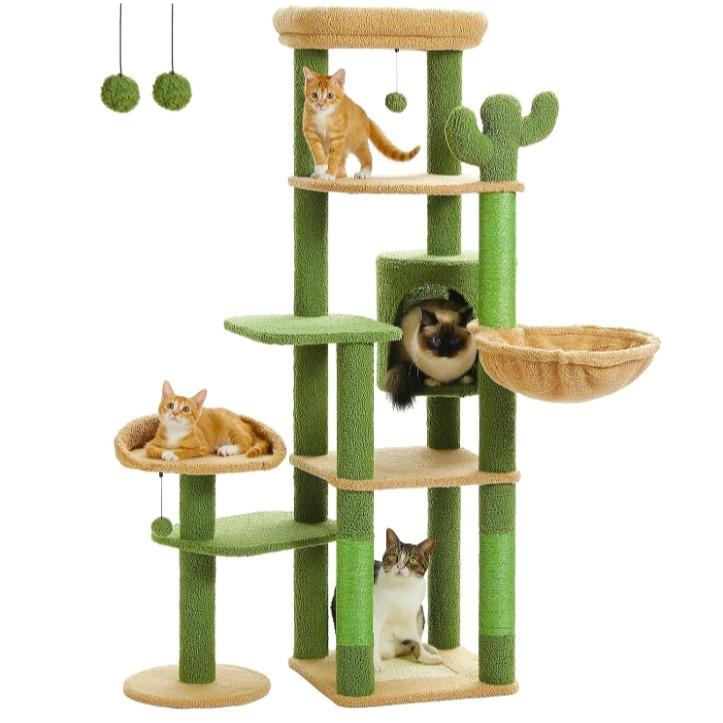 59" Cat Tree, Cat Tower for Large Cats, Multi-Level Cat Tower with 3 Removable Pompom Sticks, Cat Tree for Indoor Cats, Cat Condo with Large Hammock, Scratching Post, and 2 Perches, Beige1