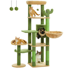 59" Cat Tree, Cat Tower for Large Cats, Multi-Level Cat Tower with 3 Removable Pompom Sticks, Cat Tree for Indoor Cats, Cat Condo with Large Hammock, Scratching Post, and 2 Perches, Beige3